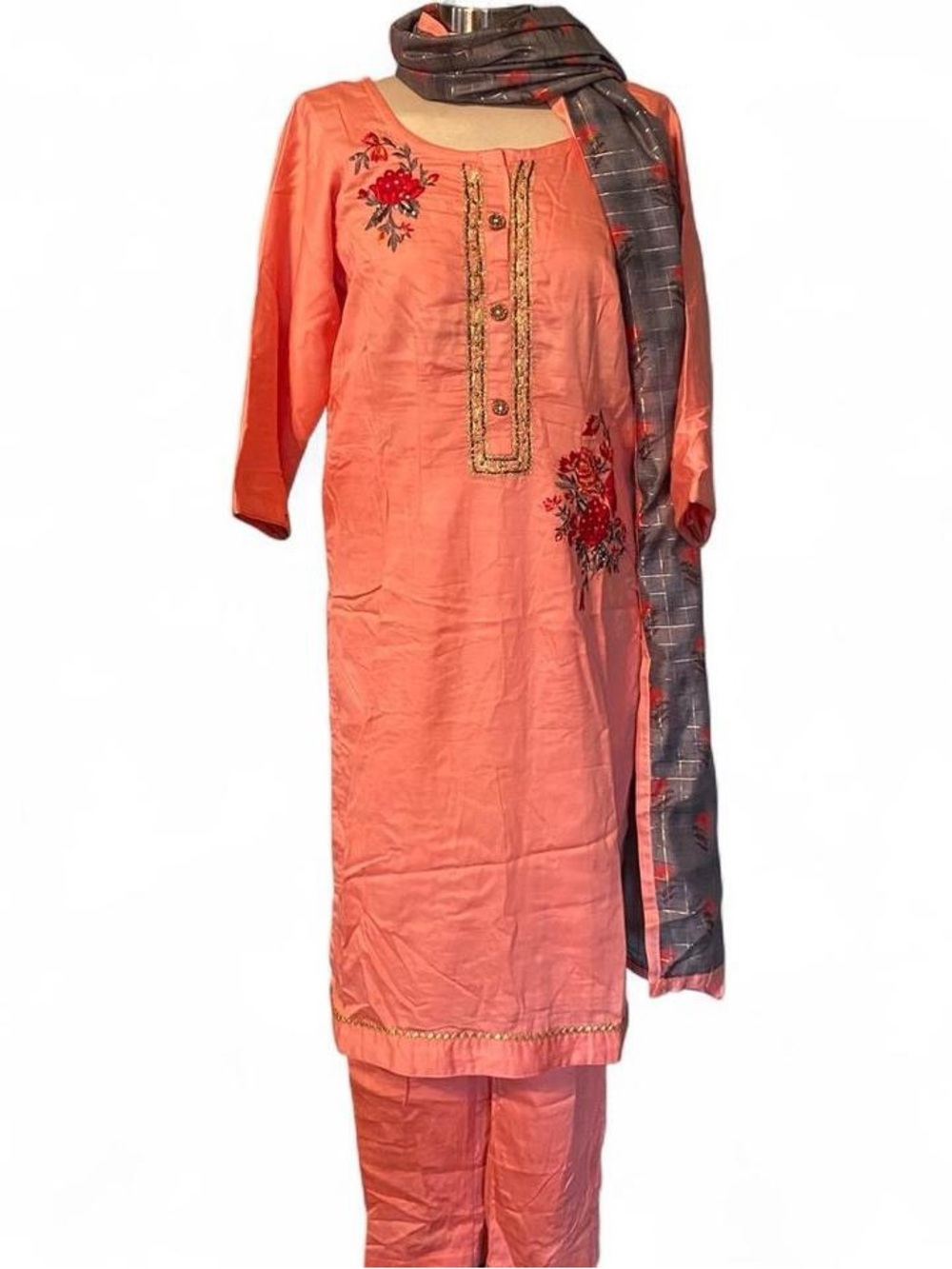 Embroidered Indian Outfit Coral Salwar Kameez Set with Gray Dupatta